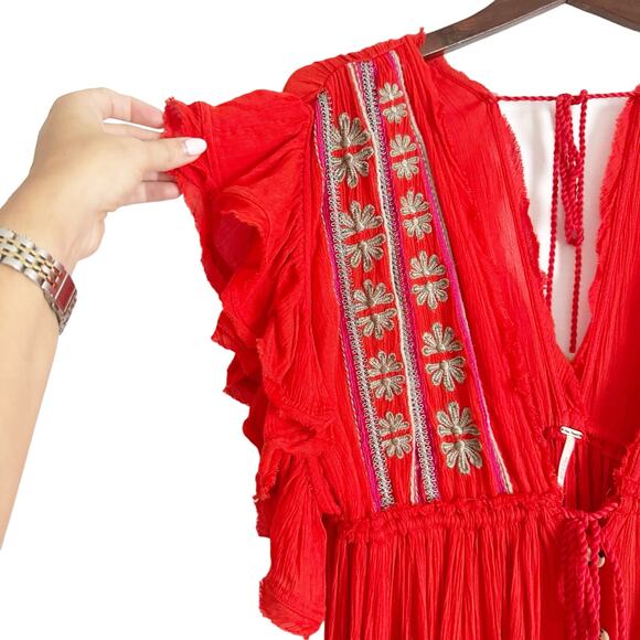 FREE PEOPLE Bali Will Wait For You Boho Embroidered Maxi Dress Red Medium M - Picture 10 of 16